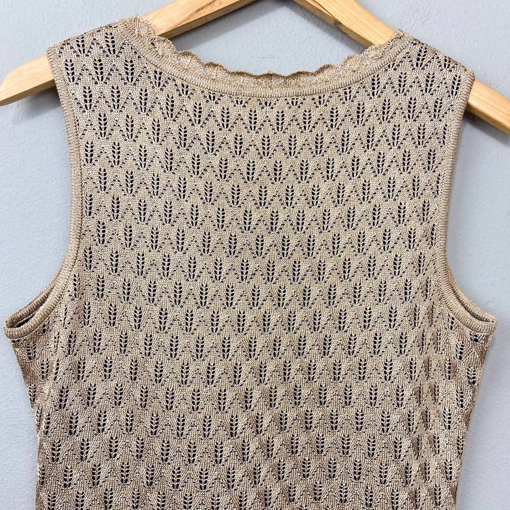 St. John Sleeveless‎ Sweater Knit Top Size S Gold Metallic Tank Pointelle Shell - Picture 10 of 11
